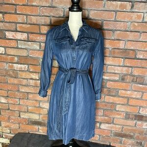 LOFT Blue Denim Long Sleeve Button Down Belted Dress